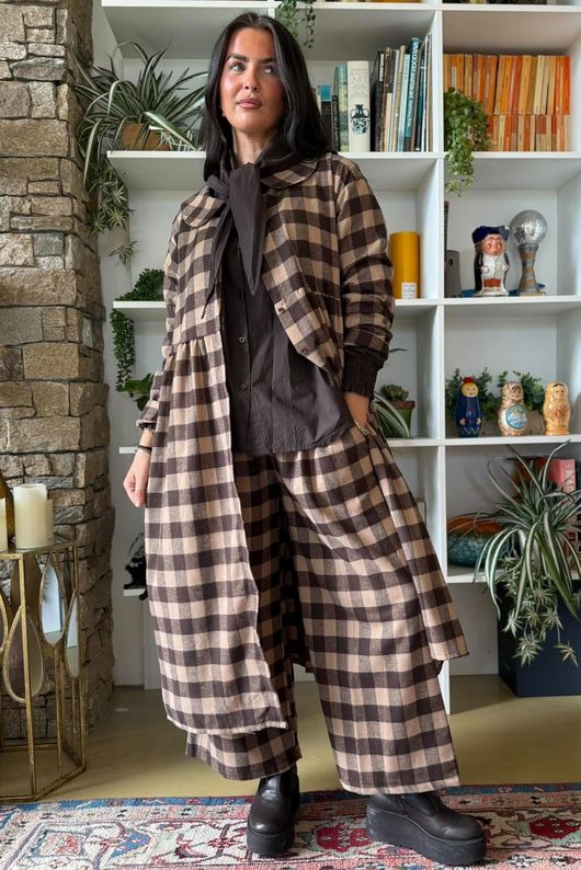 Nora Brushed Cotton Gingham Frock Coat Coffee Bean